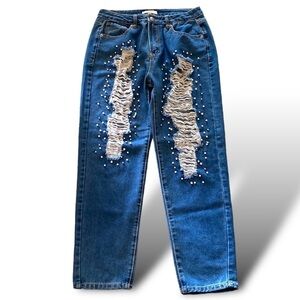 High Waist Ripped Rhinestone Pearl & Silver Ball Embellished Straight Leg Jean…
